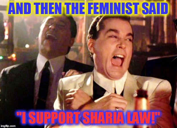 The fact that feminists support this is hilarious!  | AND THEN THE FEMINIST SAID; "I SUPPORT SHARIA LAW!" | image tagged in goodfellas laugh,memes about memes | made w/ Imgflip meme maker