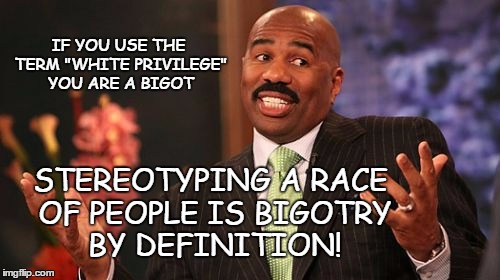 Bigotry | IF YOU USE THE TERM "WHITE PRIVILEGE" YOU ARE A BIGOT; STEREOTYPING A RACE OF PEOPLE IS BIGOTRY BY DEFINITION! | image tagged in memes,steve harvey,white privilege,racism,stereotypes | made w/ Imgflip meme maker