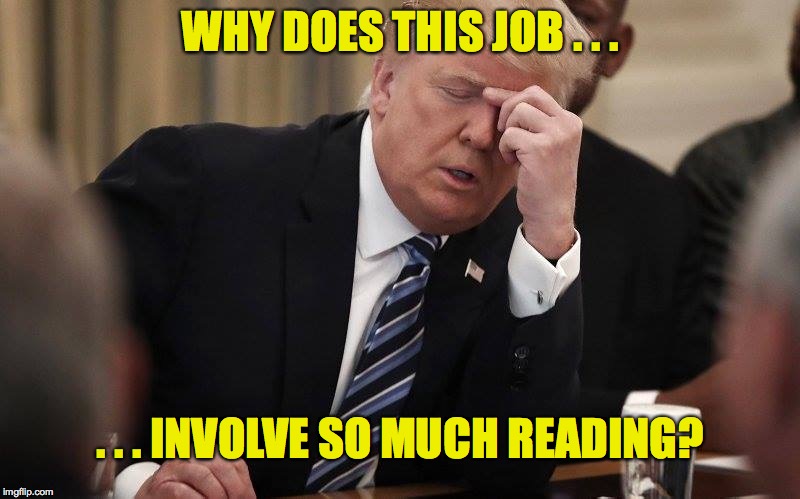 Trump_exasperated | WHY DOES THIS JOB . . . . . . INVOLVE SO MUCH READING? | image tagged in trump_exasperated | made w/ Imgflip meme maker