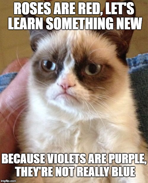 Happy late Valentines Day | ROSES ARE RED, LET'S LEARN SOMETHING NEW; BECAUSE VIOLETS ARE PURPLE, THEY'RE NOT REALLY BLUE | image tagged in memes,grumpy cat | made w/ Imgflip meme maker