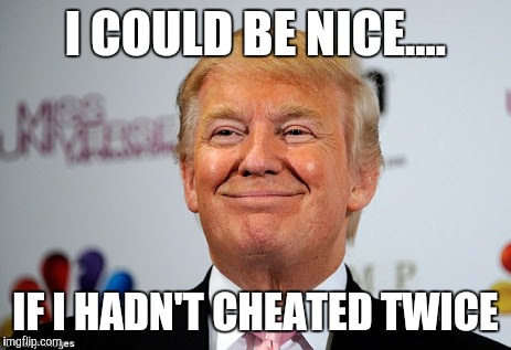 Donald trump approves | I COULD BE NICE.... IF I HADN'T CHEATED TWICE | image tagged in donald trump approves | made w/ Imgflip meme maker