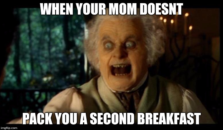 WHEN YOUR MOM DOESNT; PACK YOU A SECOND BREAKFAST | image tagged in second breakfast,lord of the rings,bilbo baggins | made w/ Imgflip meme maker