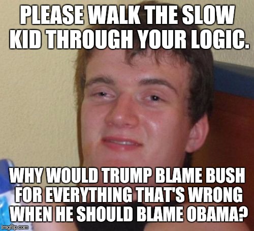 10 Guy Meme | PLEASE WALK THE SLOW KID THROUGH YOUR LOGIC. WHY WOULD TRUMP BLAME BUSH FOR EVERYTHING THAT'S WRONG WHEN HE SHOULD BLAME OBAMA? | image tagged in memes,10 guy | made w/ Imgflip meme maker
