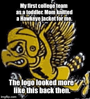 My first college team as a toddler. Mom knitted a Hawkeye jacket for me. The logo looked more like this back then. | made w/ Imgflip meme maker