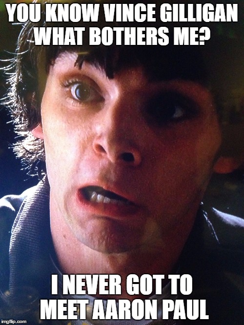 WALT JR. | YOU KNOW VINCE GILLIGAN WHAT BOTHERS ME? I NEVER GOT TO MEET AARON PAUL | image tagged in walter junior breaking bad shocked surprised scared no way,memes,breaking bad | made w/ Imgflip meme maker