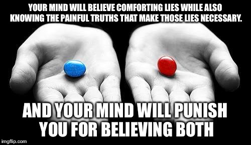 YOUR MIND WILL BELIEVE COMFORTING LIES WHILE ALSO KNOWING THE PAINFUL TRUTHS THAT MAKE THOSE LIES NECESSARY. AND YOUR MIND WILL PUNISH YOU FOR BELIEVING BOTH | image tagged in believe lies | made w/ Imgflip meme maker