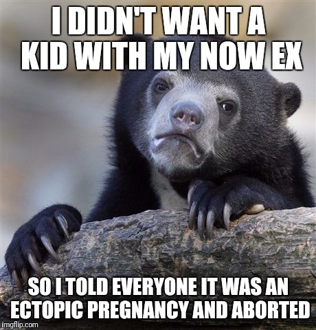 Confession Bear | I DIDN'T WANT A KID WITH MY NOW EX; SO I TOLD EVERYONE IT WAS AN ECTOPIC PREGNANCY AND ABORTED | image tagged in memes,confession bear | made w/ Imgflip meme maker
