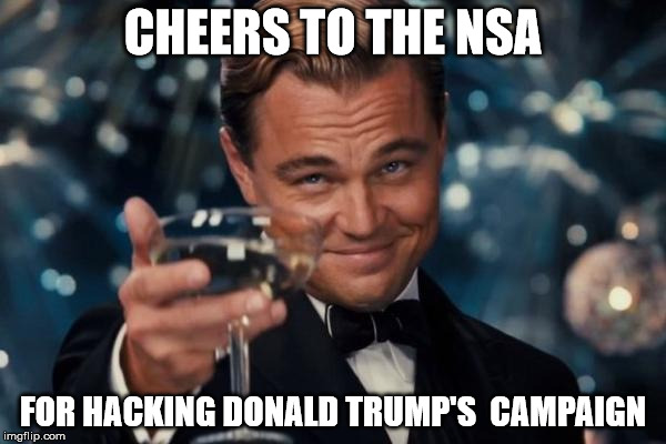 Leonardo Dicaprio Cheers Meme | CHEERS TO THE NSA; FOR HACKING DONALD TRUMP'S  CAMPAIGN | image tagged in memes,leonardo dicaprio cheers | made w/ Imgflip meme maker