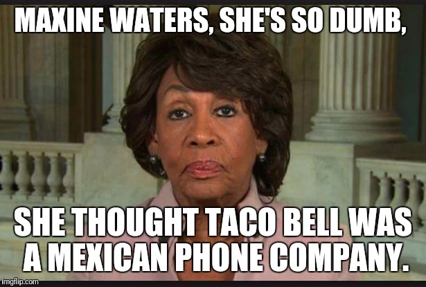 Order me a chalupa | MAXINE WATERS, SHE'S SO DUMB, SHE THOUGHT TACO BELL WAS A MEXICAN PHONE COMPANY. | image tagged in maxine waters,taco bell,political meme | made w/ Imgflip meme maker