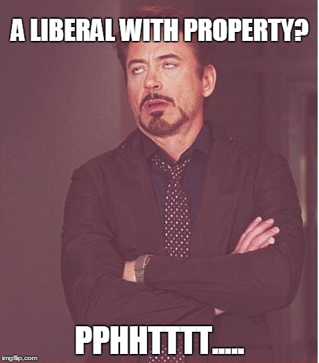 Face You Make Robert Downey Jr Meme | A LIBERAL WITH PROPERTY? PPHHTTTT..... | image tagged in memes,face you make robert downey jr | made w/ Imgflip meme maker