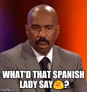 WHAT'D THAT SPANISH LADY SAY😅? | image tagged in steve harvey | made w/ Imgflip meme maker