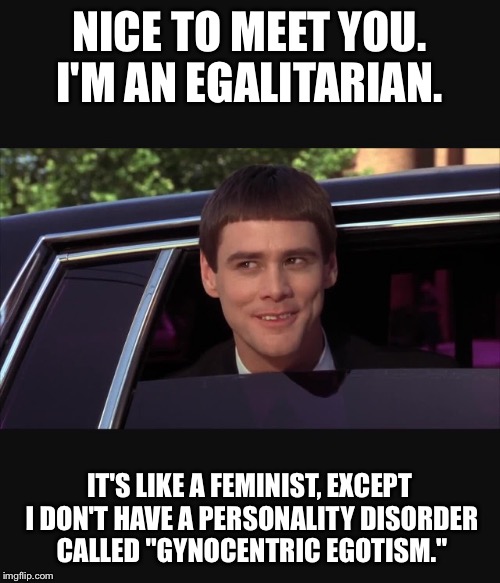 Lloyd Christmas  | NICE TO MEET YOU. I'M AN EGALITARIAN. IT'S LIKE A FEMINIST, EXCEPT I DON'T HAVE A PERSONALITY DISORDER CALLED "GYNOCENTRIC EGOTISM." | image tagged in lloyd christmas | made w/ Imgflip meme maker