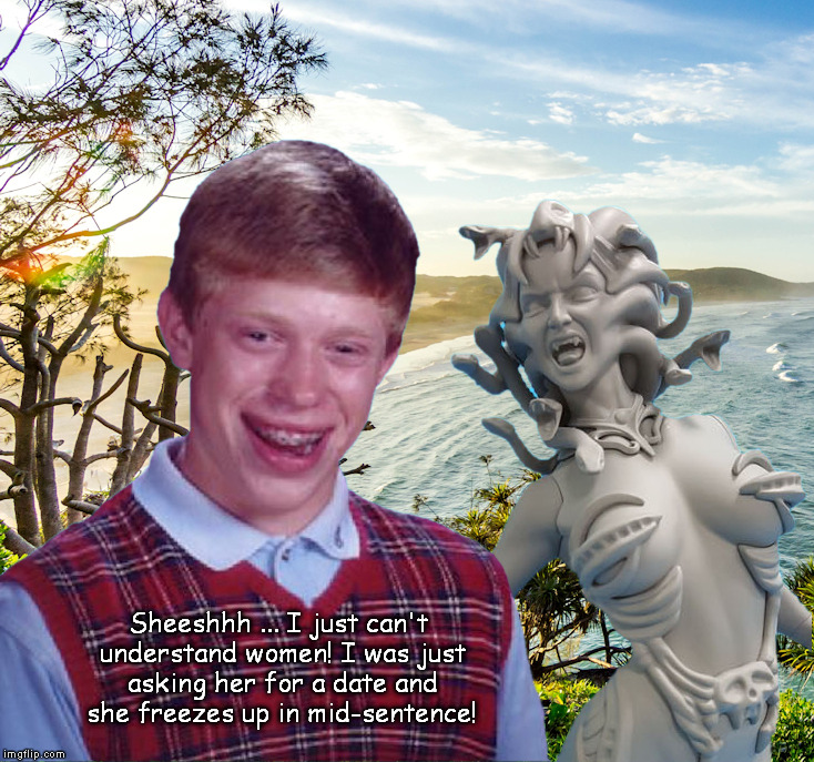 Bad Luck Brian vs. Medusa | Sheeshhh ... I just can't understand women! I was just asking her for a date and she freezes up in mid-sentence! | image tagged in bad luck brian,medusa | made w/ Imgflip meme maker