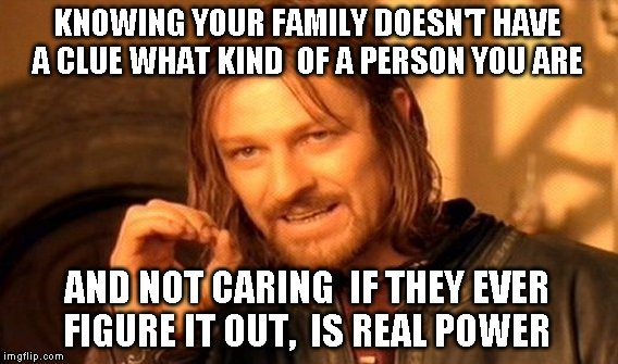 One Does Not Simply Meme | KNOWING YOUR FAMILY DOESN'T HAVE A CLUE WHAT KIND  OF A PERSON YOU ARE; AND NOT CARING  IF THEY EVER FIGURE IT OUT,  IS REAL POWER | image tagged in memes,one does not simply | made w/ Imgflip meme maker