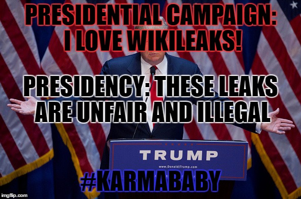 Donald Trump | PRESIDENTIAL CAMPAIGN: I LOVE WIKILEAKS! PRESIDENCY: THESE LEAKS ARE UNFAIR AND ILLEGAL; #KARMABABY | image tagged in donald trump | made w/ Imgflip meme maker