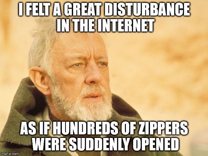 I FELT A GREAT DISTURBANCE IN THE INTERNET; AS IF HUNDREDS OF ZIPPERS WERE SUDDENLY OPENED | image tagged in the force | made w/ Imgflip meme maker