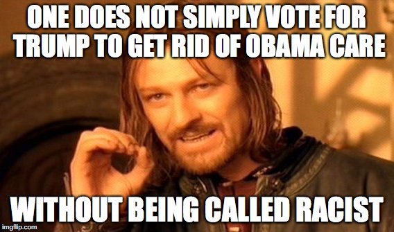 One Does Not Simply | ONE DOES NOT SIMPLY VOTE FOR TRUMP TO GET RID OF OBAMA CARE; WITHOUT BEING CALLED RACIST | image tagged in memes,one does not simply | made w/ Imgflip meme maker