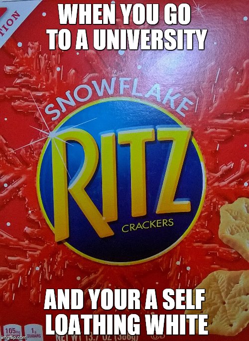  WHEN YOU GO TO A UNIVERSITY; AND YOUR A SELF LOATHING WHITE | image tagged in snowflake crackers | made w/ Imgflip meme maker