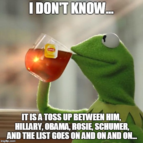But That's None Of My Business Meme | I DON'T KNOW... IT IS A TOSS UP BETWEEN HIM, HILLARY, OBAMA, ROSIE, SCHUMER, AND THE LIST GOES ON AND ON AND ON... | image tagged in memes,but thats none of my business,kermit the frog | made w/ Imgflip meme maker