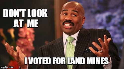 Steve Harvey Meme | DON'T LOOK AT  ME I VOTED FOR LAND MINES | image tagged in memes,steve harvey | made w/ Imgflip meme maker