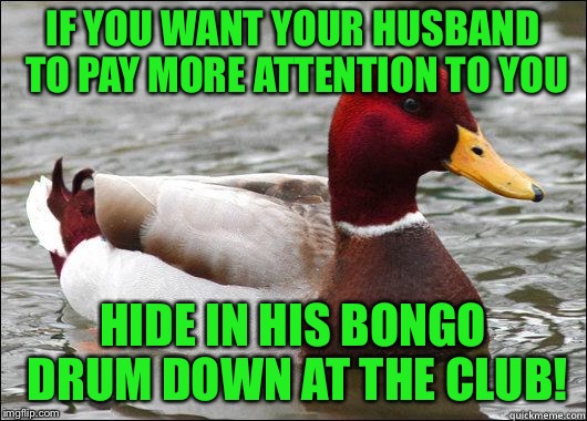 Is there a connection between red heads? | IF YOU WANT YOUR HUSBAND TO PAY MORE ATTENTION TO YOU; HIDE IN HIS BONGO DRUM DOWN AT THE CLUB! | image tagged in make actual bad advice mallard,lucy,ricky ricardo | made w/ Imgflip meme maker