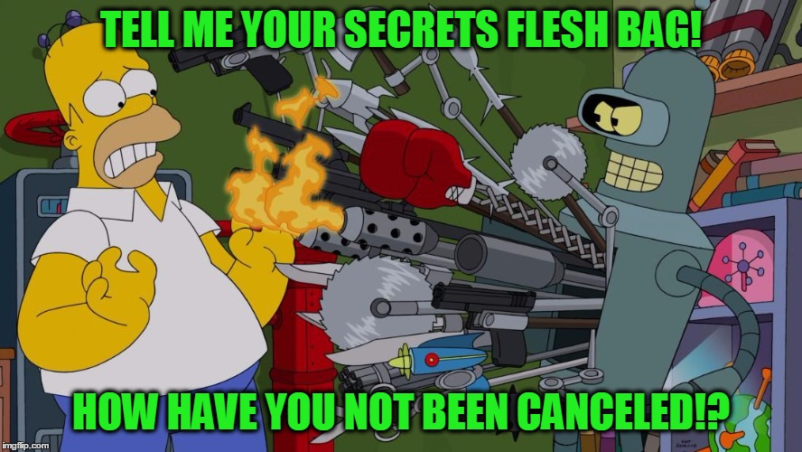 Cartoon Week - A Juicydeath1025 Event | TELL ME YOUR SECRETS FLESH BAG! HOW HAVE YOU NOT BEEN CANCELED!? | image tagged in bender brandishing et al,i don't care about tags today,cartoon week | made w/ Imgflip meme maker
