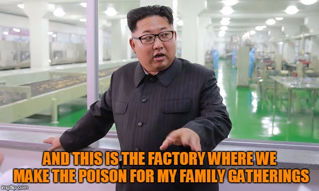 Kim 'The Executioner' Jong Un | AND THIS IS THE FACTORY WHERE WE MAKE THE POISON FOR MY FAMILY GATHERINGS | image tagged in kim jong un - explaining something,still not caring about tags | made w/ Imgflip meme maker