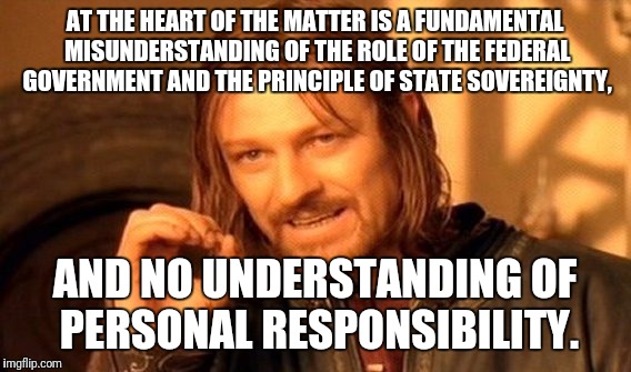 One Does Not Simply Meme | AT THE HEART OF THE MATTER IS A FUNDAMENTAL MISUNDERSTANDING OF THE ROLE OF THE FEDERAL GOVERNMENT AND THE PRINCIPLE OF STATE SOVEREIGNTY, AND NO UNDERSTANDING OF PERSONAL RESPONSIBILITY. | image tagged in memes,one does not simply | made w/ Imgflip meme maker