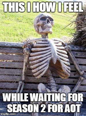 Waiting Skeleton | THIS I HOW I FEEL; WHILE WAITING FOR SEASON 2 FOR AOT | image tagged in memes,waiting skeleton | made w/ Imgflip meme maker