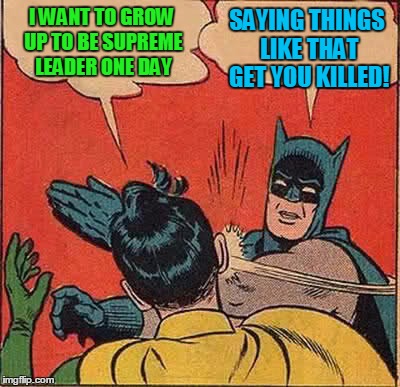 Batman Slapping Robin Meme | I WANT TO GROW UP TO BE SUPREME LEADER ONE DAY SAYING THINGS LIKE THAT GET YOU KILLED! | image tagged in memes,batman slapping robin | made w/ Imgflip meme maker