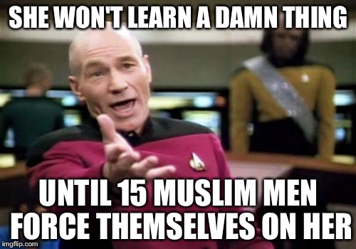 Picard Wtf Meme | SHE WON'T LEARN A DAMN THING UNTIL 15 MUSLIM MEN FORCE THEMSELVES ON HER | image tagged in memes,picard wtf | made w/ Imgflip meme maker