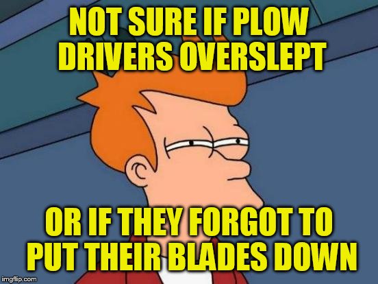 Roads were not fun at 5:30 this morning | NOT SURE IF PLOW DRIVERS OVERSLEPT; OR IF THEY FORGOT TO PUT THEIR BLADES DOWN | image tagged in memes,futurama fry | made w/ Imgflip meme maker