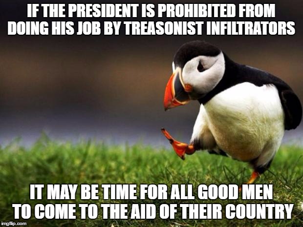 Unpopular Opinion Puffin | IF THE PRESIDENT IS PROHIBITED FROM DOING HIS JOB BY TREASONIST INFILTRATORS; IT MAY BE TIME FOR ALL GOOD MEN TO COME TO THE AID OF THEIR COUNTRY | image tagged in memes,unpopular opinion puffin | made w/ Imgflip meme maker