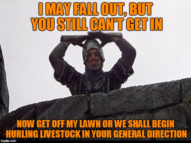 Taunting French Guard | I MAY FALL OUT, BUT YOU STILL CAN'T GET IN NOW GET OFF MY LAWN OR WE SHALL BEGIN HURLING LIVESTOCK IN YOUR GENERAL DIRECTION | image tagged in taunting french guard | made w/ Imgflip meme maker