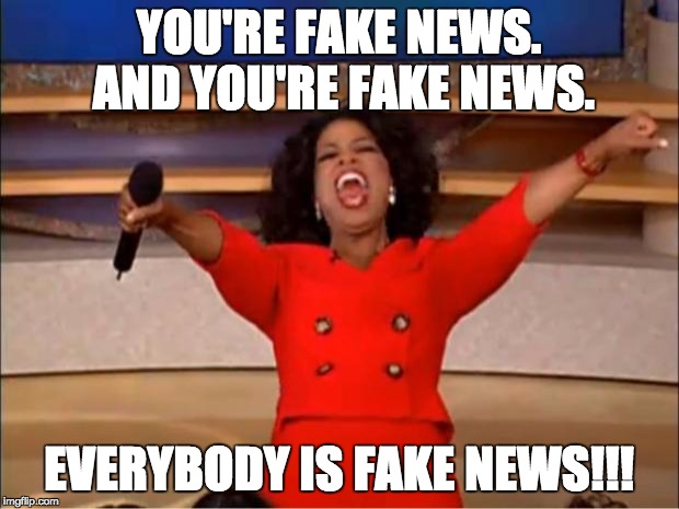 Oprah You Get A Meme | YOU'RE FAKE NEWS. AND YOU'RE FAKE NEWS. EVERYBODY IS FAKE NEWS!!! | image tagged in memes,oprah you get a | made w/ Imgflip meme maker