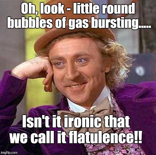 Creepy Condescending Wonka | Oh, look - little round bubbles of gas bursting..... Isn't it ironic that we call it flatulence!! | image tagged in memes,creepy condescending wonka | made w/ Imgflip meme maker