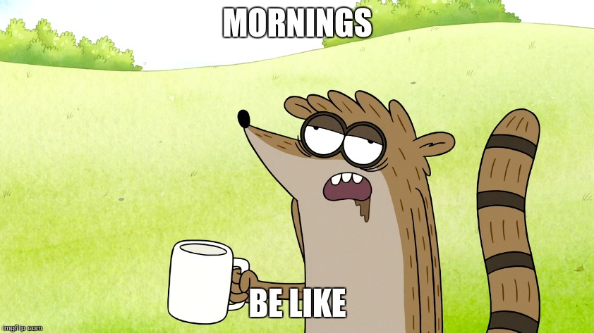 My life in a nutshell | MORNINGS; BE LIKE | image tagged in regular show | made w/ Imgflip meme maker