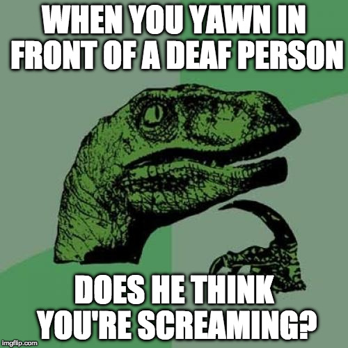 Philosoraptor Meme | WHEN YOU YAWN IN FRONT OF A DEAF PERSON; DOES HE THINK YOU'RE SCREAMING? | image tagged in memes,philosoraptor | made w/ Imgflip meme maker