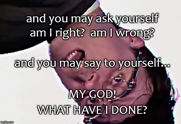My God What Have I Done | am I right?  am I wrong? and you may ask yourself; and you may say to yourself... MY GOD! WHAT HAVE I DONE? | image tagged in david byrne,once in a lifetime | made w/ Imgflip meme maker