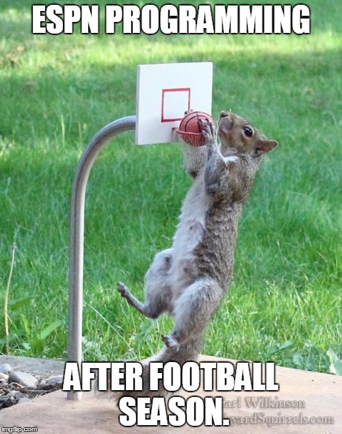 Squirrel basketball | ESPN PROGRAMMING; AFTER FOOTBALL SEASON. | image tagged in squirrel basketball | made w/ Imgflip meme maker