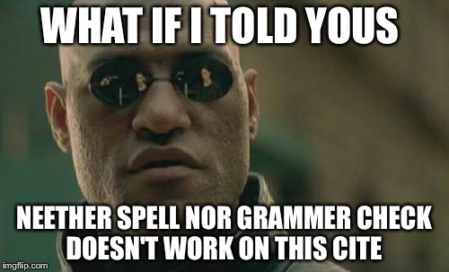 Matrix Morpheus | WHAT IF I TOLD YOUS; NEETHER SPELL NOR GRAMMER CHECK DOESN'T WORK ON THIS CITE | image tagged in memes,matrix morpheus | made w/ Imgflip meme maker