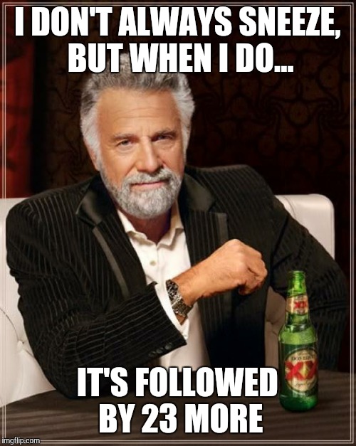 Ugh, this cold  | I DON'T ALWAYS SNEEZE, BUT WHEN I DO... IT'S FOLLOWED BY 23 MORE | image tagged in memes,the most interesting man in the world | made w/ Imgflip meme maker