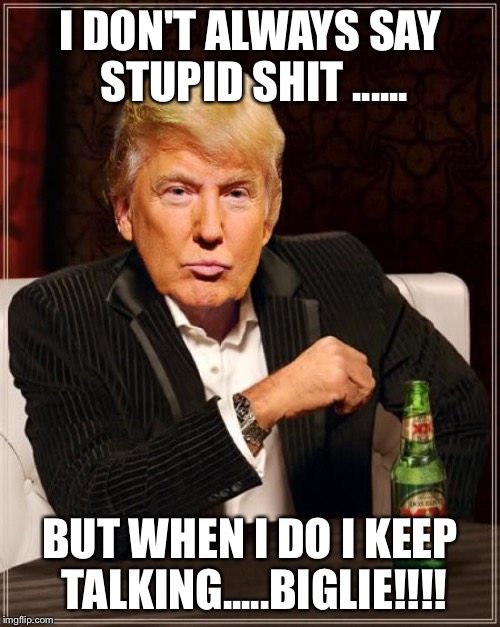 Trump Most Interesting Man In The World | I DON'T ALWAYS SAY STUPID SHIT ...... BUT WHEN I DO I KEEP TALKING.....BIGLIE!!!! | image tagged in trump most interesting man in the world | made w/ Imgflip meme maker