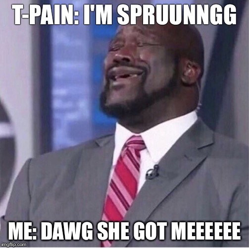 Shaq sings  | T-PAIN: I'M SPRUUNNGG; ME: DAWG SHE GOT MEEEEEE | image tagged in shaq | made w/ Imgflip meme maker