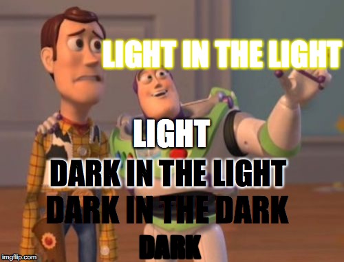 X, X Everywhere Meme | LIGHT IN THE LIGHT; LIGHT; DARK IN THE LIGHT; DARK IN THE DARK; DARK | image tagged in memes,x x everywhere,light,dark | made w/ Imgflip meme maker