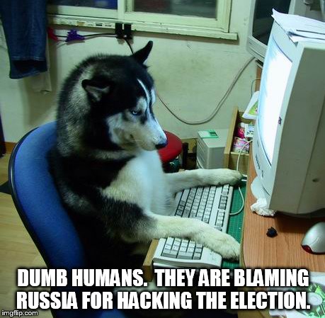 Hackers | DUMB HUMANS.  THEY ARE BLAMING RUSSIA FOR HACKING THE ELECTION. | image tagged in memes,russian hackers,hackers,humans,dumb,election 2016 | made w/ Imgflip meme maker