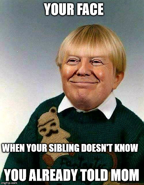 YOUR FACE; WHEN YOUR SIBLING DOESN'T KNOW; YOU ALREADY TOLD MOM | image tagged in donald trump | made w/ Imgflip meme maker