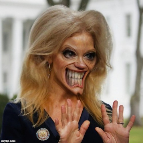 Edie the Head Sisiter | image tagged in kellyanne conway,eddie the head,iron maiden | made w/ Imgflip meme maker
