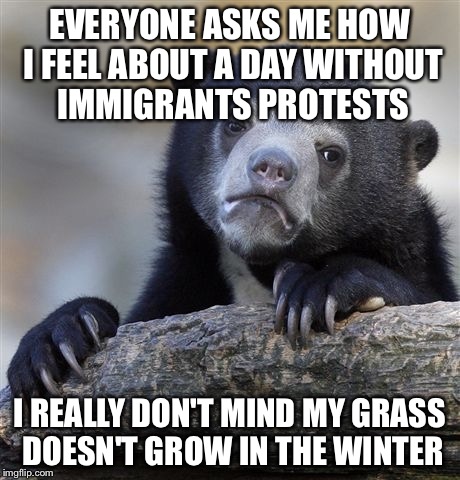 Confession Bear Meme | EVERYONE ASKS ME HOW I FEEL ABOUT A DAY WITHOUT IMMIGRANTS PROTESTS; I REALLY DON'T MIND MY GRASS DOESN'T GROW IN THE WINTER | image tagged in memes,confession bear | made w/ Imgflip meme maker