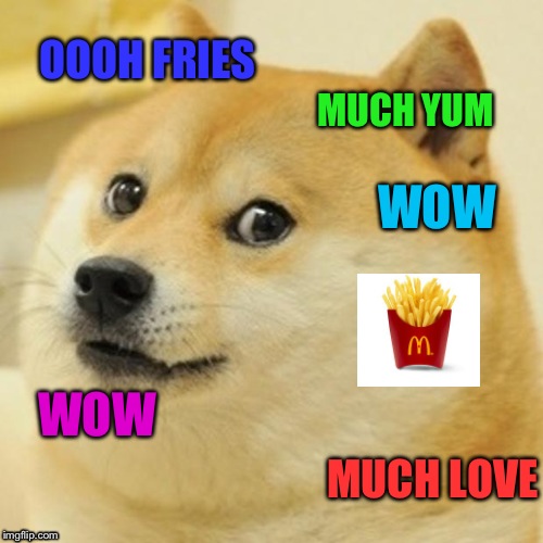 Doge Meme | OOOH FRIES; MUCH YUM; WOW; WOW; MUCH LOVE | image tagged in memes,doge | made w/ Imgflip meme maker